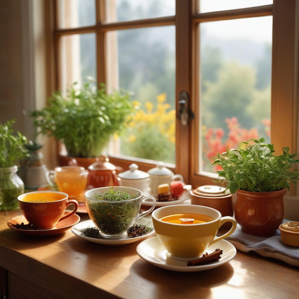 A serene kitchen scene featuring various tea infusion bags artfully arranged alongside vibrant culinary dishes infused with tea flavors. A steaming cup of tea sits elegantly in the foreground, with fresh herbs and spices surrounding it. Soft natural light filters through a window, illuminating the rich colors of the ingredients. Enhance the atmosphere with delicate teacups and a cozy ambiance. super-realistic. warm colors. 3D.
