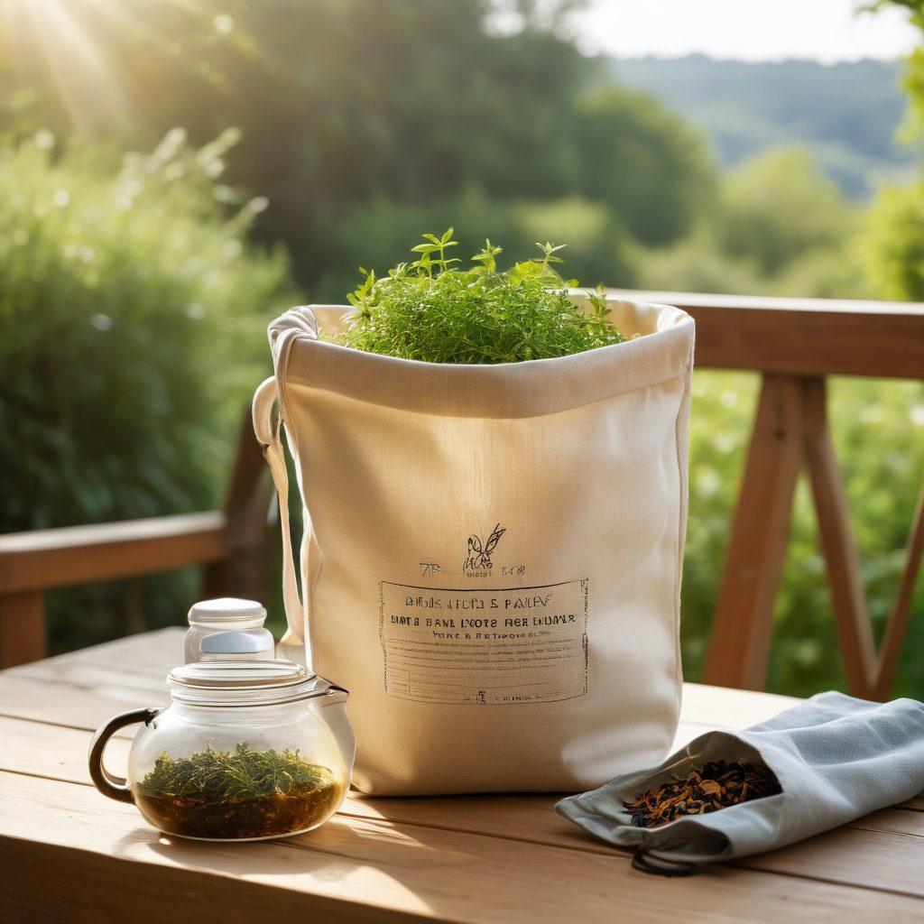 A stylish tote bag resting on a wooden table, filled with tea essentials like loose leaf tea, a steaming mug, and a tea infuser. Surround the bag with fresh herbs and tea ingredients, along with a scenic view of a sunlit garden in the background. Incorporate warm, inviting colors that evoke a cozy, relaxing atmosphere. Illustrate a gentle breeze rustling the bag's fabric, creating a sense of adventure and exploration. soft focus. vibrant colors. natural lighting.