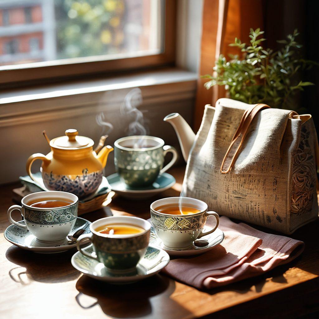 A cozy tea scene featuring an elegant tea set with steaming mugs, surrounded by colorful loose-leaf tea in small jars, and a stylish tote bag laying nearby, adorned with delicate tea-themed patterns. Soft sunlight filters through a window casting gentle shadows, evoking a warm ambiance for tea lovers. super-realistic. warm colors. soft focus.